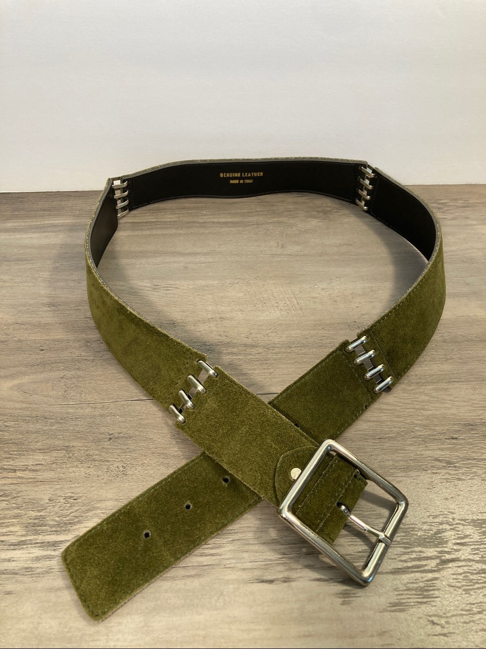 Olive Green Italian Suede Belt With Silver Buckle And Accents